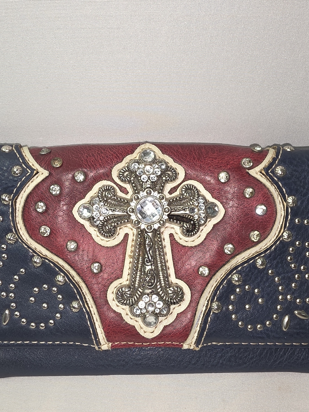 Embellished Cross Trifold Wallet in Red and Navy